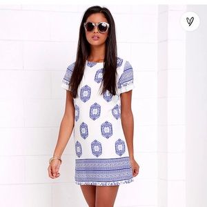 Lulu’s Island Inspiration Blue and Ivory Print Shift Dress Size Large